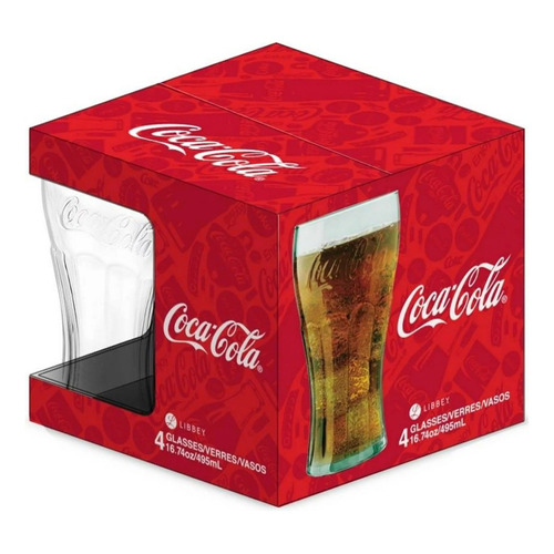 Set De 4 Vasos De Vidrio Verde, Coca Cola Libbey 495ml