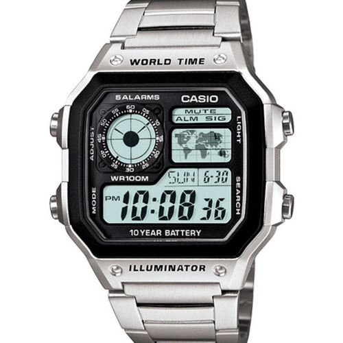 Reloj pulsera digital Casio AE-1200 con correa de acero inoxidable color plateado - fondo gris - bisel negro