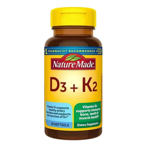 Nature Made Vitamina D3 + K2 30 Softgels Sabor Sin sabor