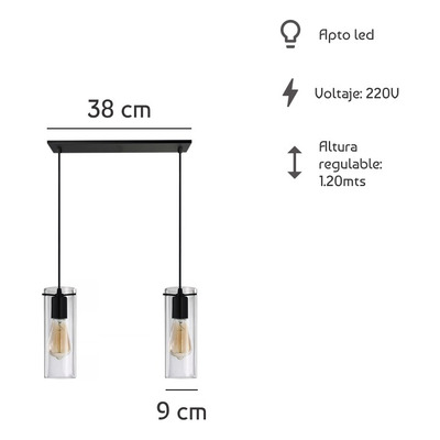 Colgante 2 Luces Negro Deco Apto Led Cilindro Transparente 