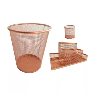 Kit Organizador, Porta Caneta E Lixeira Rose Gold Escritório