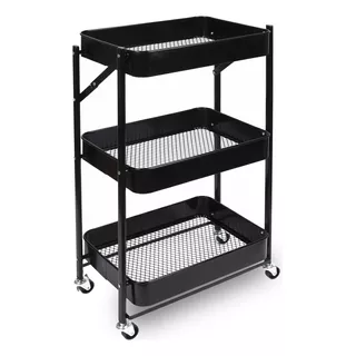 Carrito Plegable Metálico De Cocina, Con 3 Estantes Bandeja Y Ruedas - Organizador Multiuso, Gran Resistencia - Color Negro