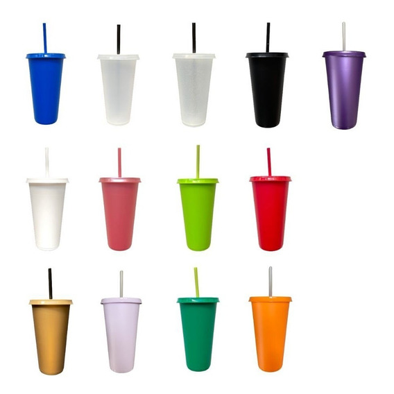 10 Vasos Reusables Con Tapa Y  Popote 24oz De Colores