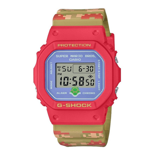 Reloj de pulsera Casio G-Shock DW5600 de cuerpo color rosa, digital, fondo gris, con correa de resina color verde y rosa, dial negro, minutero/segundero negro, bisel color rosa, luz azul verde y hebilla simple