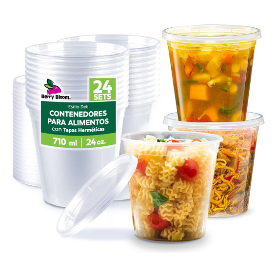 Berry Bloom 24 Envases para Alimentos Transparentes Reutilizables Deli: Tapas de Sellado Hermético, Ideales para Alimentos Fríos y Calientes, Apto para Microondas (24 onzas)