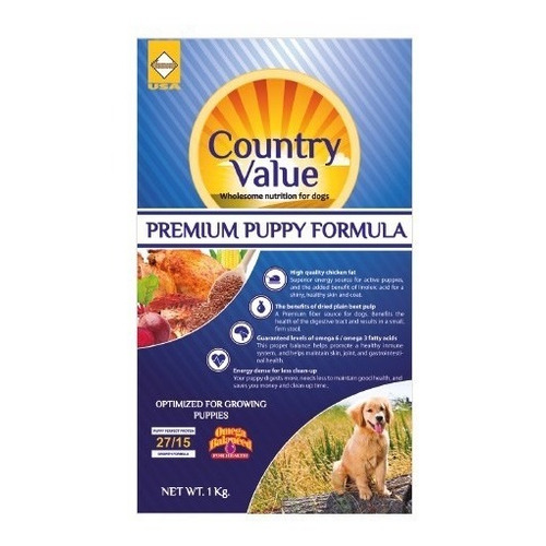 Country Value Puppy Formula 40lb Alimento Premium Para Perro Cachorro en Crecimiento de Todas Las Razas A Base De Cerdo, Pollo, Arroz, Pescado Y Omega. 21% Proteína Animal de Alta Digestibilidad. 18Kg