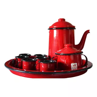 Kit Café Bule Açucareiro Bandeja 6 Caneca Esmaltado Vermelho