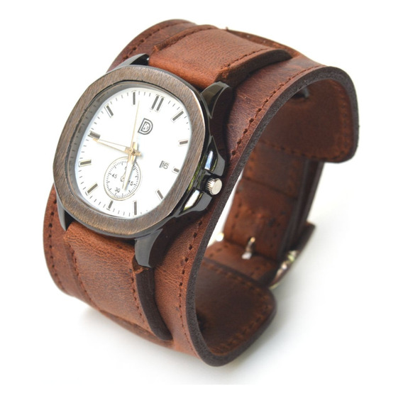 Brazalete De Cuero Vacuno Genuino Con Reloj! Muñequera P3455