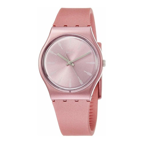 Reloj pulsera Swatch Originals Pastelbaya de cuerpo color rosa, analógico, para mujer, fondo rosa, con correa de silicona color rosa, agujas color gris, dial blanco, bisel color rosa y hebilla simple