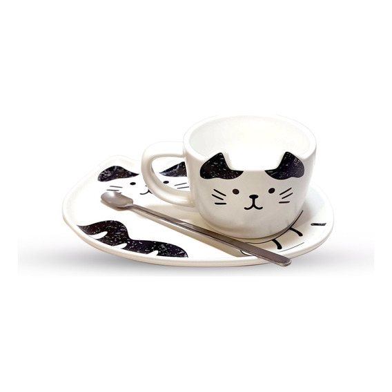 Set Taza De Gato Con Plato Y Cuchara, Gatito, Kawaii Diseños