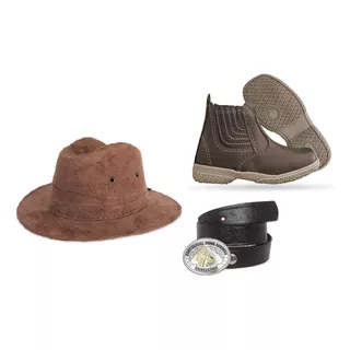 Kit Cowboy Infantil Botina + Chapéu + Cinto De Couro Fivela