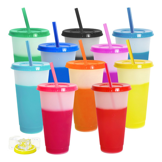 10pzs Vasos Magicos Cambian De Color Con Tapa Y Popote 700ml