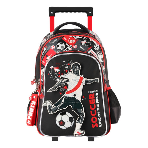 Mochila Carro 18 PuLG Footy Escolar Luz Led Equipos Futbol Color F2221 Rojo y negro Diseño de la tela Estampado