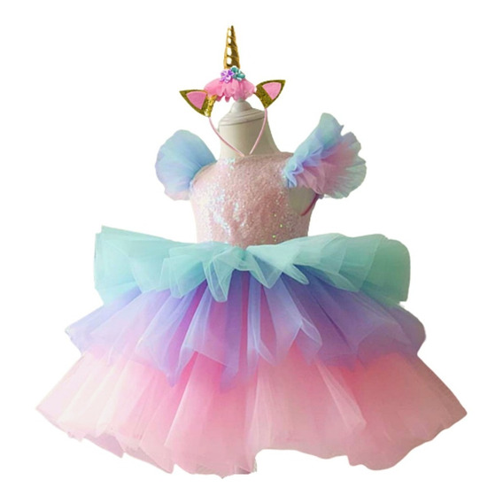 Vestido Princesa Fiesta Unicornio Niña + Tiara Envio Gratis