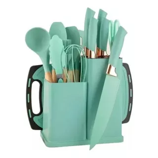 Set Utensilios Cocina Silicona + Set Cuchillos X19 Pcs Color Colores