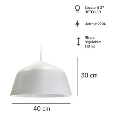 Colgante Campana Blanca 40cm Apto Led E27 Deco Moderno Fz
