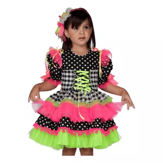 Vestido Infantil Festa Junina Bambolê Neon 652 Pink E Verde