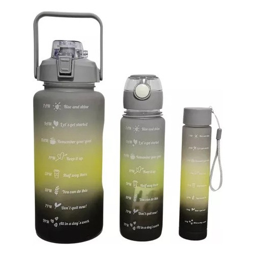 Kit con 3 botellas de agua con frases motivacionales, color gris