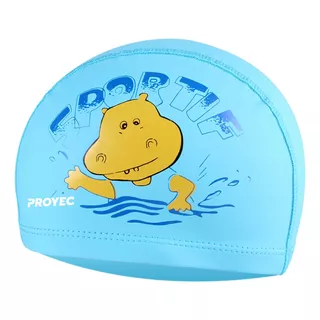 Gorra De Natacion Polyflex Niños Spandex Estampada Proyec Jr Color Celeste Diseño De La Tela Hipopótamo Tamaño Junior