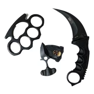 Kit Soco Inglês Aço + Faca De Pescoço Karambit + Push Dagger Cor Preto Liso