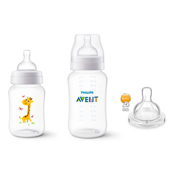 Set Mamadera Anticólico Avent Jirafa 260ml+ 330ml+ Tetina 6m