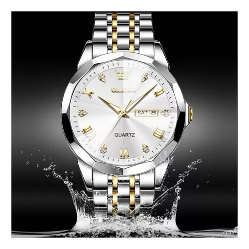 Reloj de pulsera Olevs 9931 de cuerpo color plateado, analógico, para hombre,  fondo blanco, con correa de acero inoxidable color plateado y dorado,  agujas color dorado y blanco, dial dorado y plateado