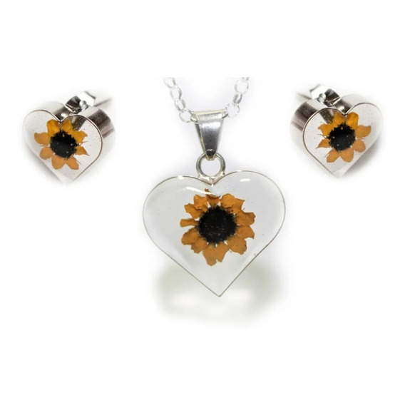 Set Collar Aretes Corazón Girasol Eterno Plata 925 Natural