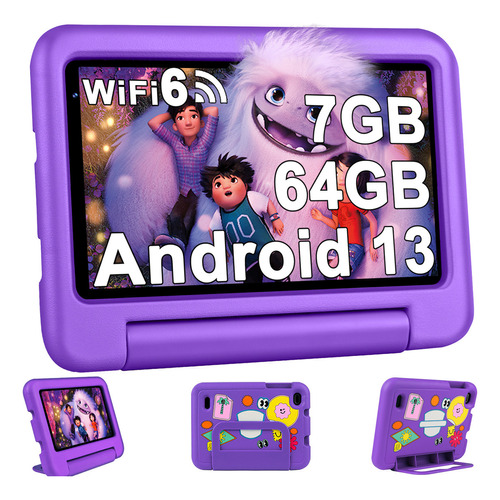 Tablet Kids con Funda Oangcc A8 7 Pulgadas  Violeta 64GB y 7GB de RAM Android 13 Control Parental Wifi GPS Kids Space Dual Camara Violeta