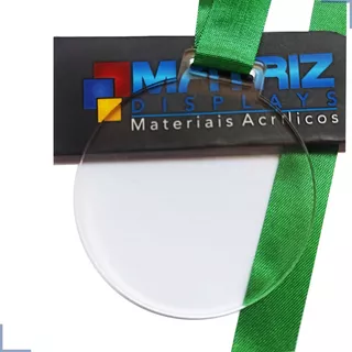 50 Medalhas Redondas 5cm Acrílico Cristal 2mm C/ Fita Verde