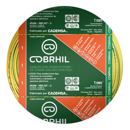 Cable Unipolar Normalizado Cobrhil 1 Mm Rollo 100 Mts Cubierta Verde/amarillo