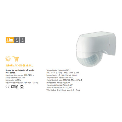 Sensor De Movimiento Infrarrojo Pared 180º 12mt Blanco Tbcin