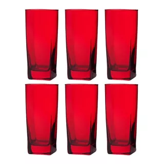 6 Copos Texas Quadrado Vidro Vermelho Mesa Posta 320ml