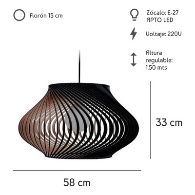 Lampara Colgante 1 Luz Barcelona Negro Madera Apto E27 Ln