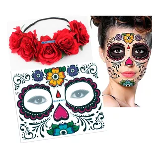 Tatuaje Temporal Catrina Halloween Y Corona Flores Tiara Ros