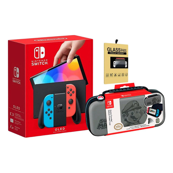 Consola Nintendo Switch Oled Neon + Estuche Mario + Mica 