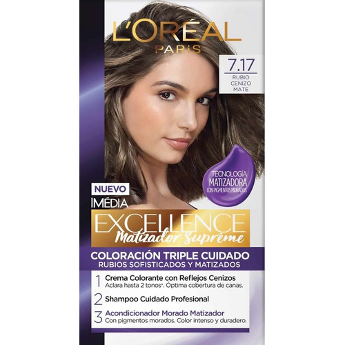 Kit Matizador L'Oréal Paris  Excellence Tinte Capilar Permanente Excellence Matizador Supreme tono 7.17 rubio cenizo mate para cabello