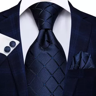 Gravata Seda Italiana Azul Executivo Luxo + Lenço + 2 Botões