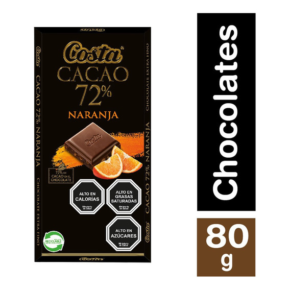 Costa Chocolate Cacao 72% Naranja 80 Gr