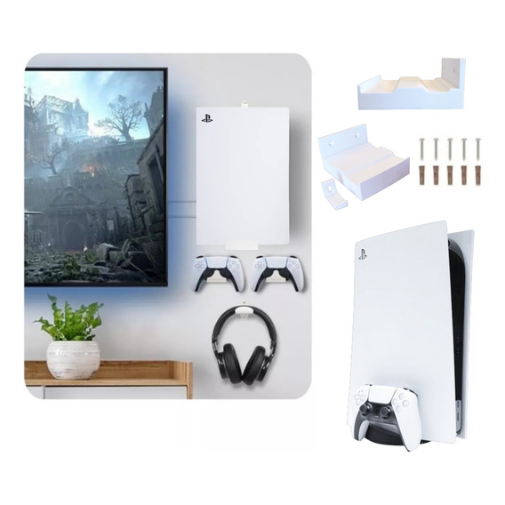 Kit Soporte Pared Ps5 Reforzado + 2 Sop Gamepad + Sop Auris