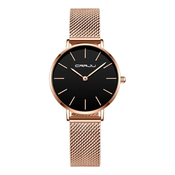 Reloj Dama Crrju Ultra Delgado Alta Calidad Rose Gold Negro