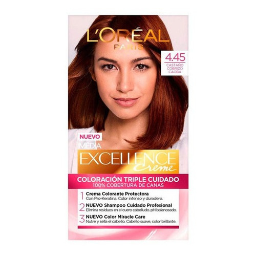 Kit Tinte L'Oréal Paris  Excellence Tintura L'Oréal Excellence Creme tono 4.45 castaño cobrizo caoba para cabello