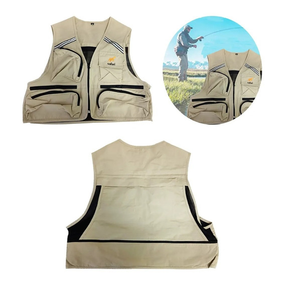 Chaleco De Pesca Safari Camping Beige Oscuro 6 Bolsillos