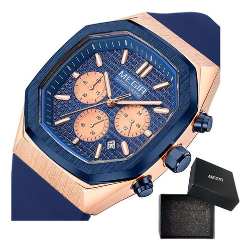 Reloj Cronógrafo Con Calendario Cuadrado Megir Color De La Correa Azul