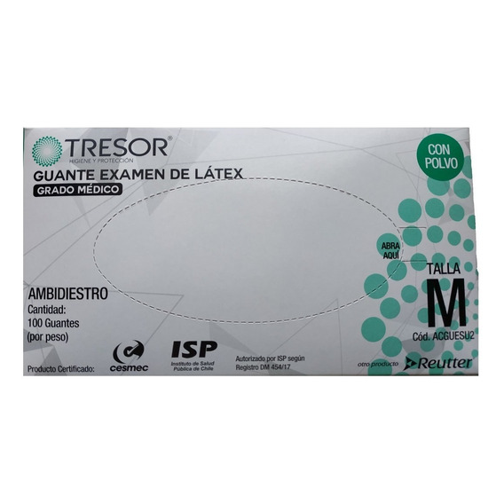 Guante Latex Tresor Talla M Caja X 100 Un. Certificación Isp