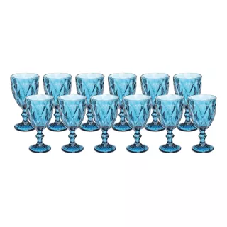 Kit 12 Copos Taça De Vidro Azul Diamante 300ml P/ Agua Vinho