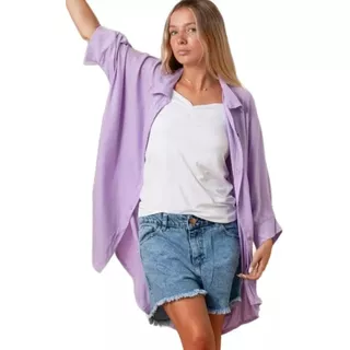 Maxi Camisa Lino Elastizado Camisola Oversized Larga Amplia