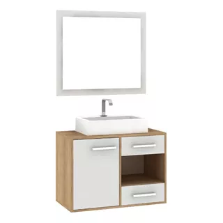 Mueble De Baño Con Bacha Lavamanos Y Espejo Cantidad De Agujeros Para Grifería Sin Agujeros Bacha Blanco Mueble Roble