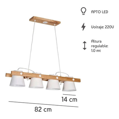 Colgante 4 Luces Madera Campana Blanco Apto Led Deco Cx
