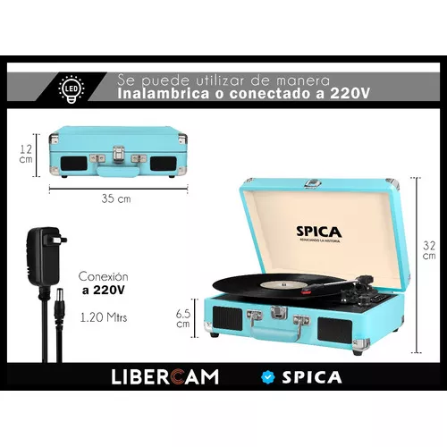 Tocadiscos Vinilo Bluetooth Spica Sp-t90 Vintage Parlante Color Azul