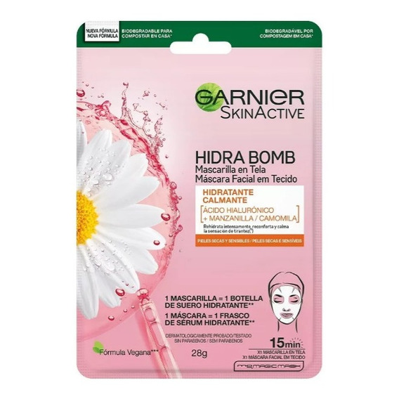 Mascarilla Garnier Skin Active Hidra Bomb Manzanilla 28 Gr Tipo de piel PEL SECA/SENSIBLE